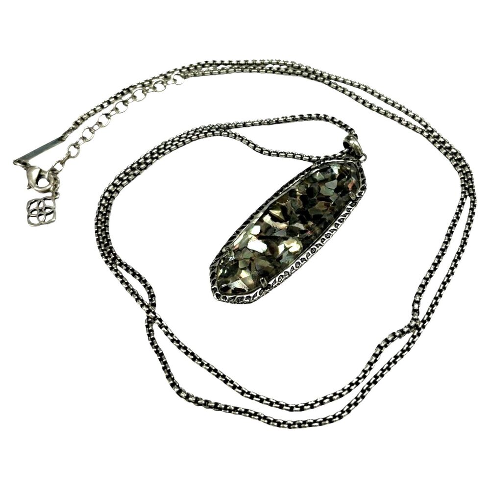Kendra Scott Layden Long Pendant Necklace Silver Crushed Black Abalone Rare